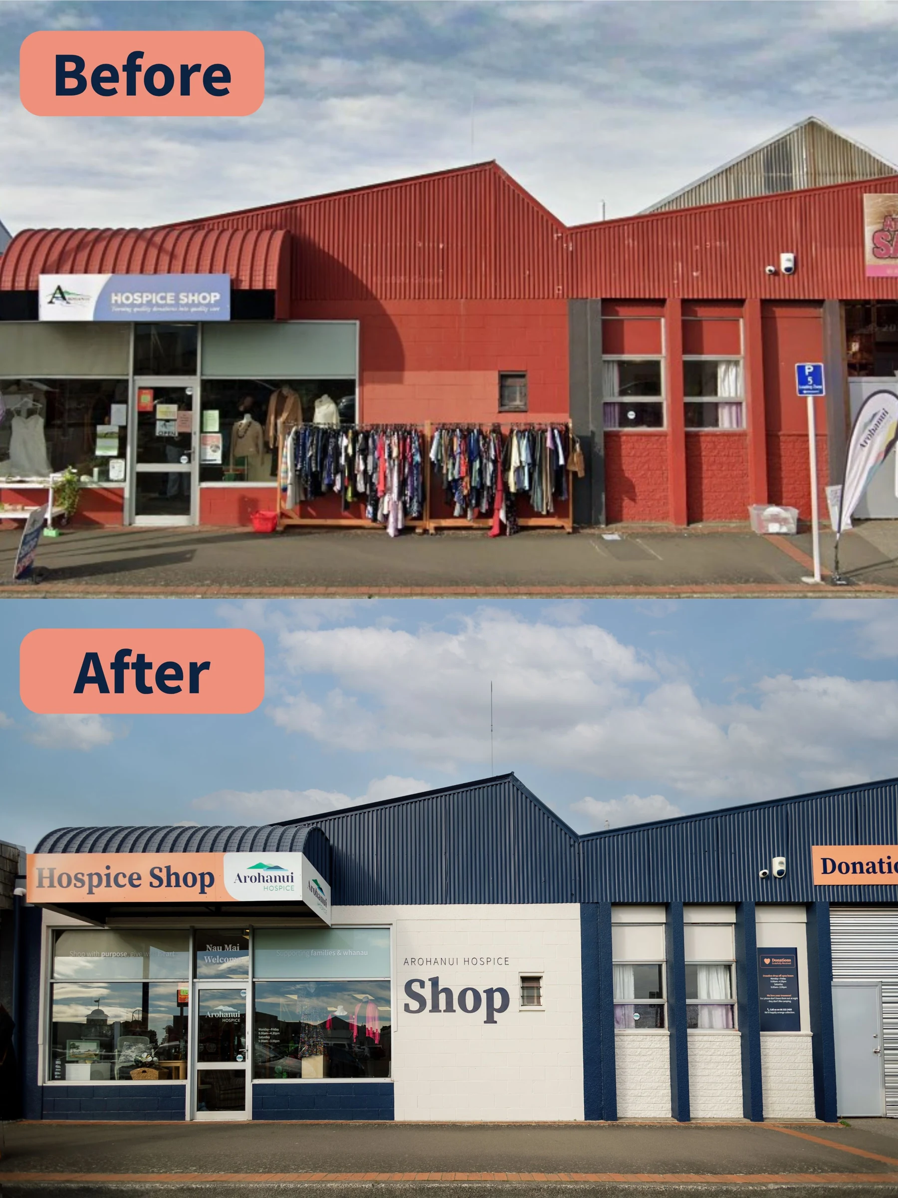 Before: the Feilding Hospice Shop with its red exterior