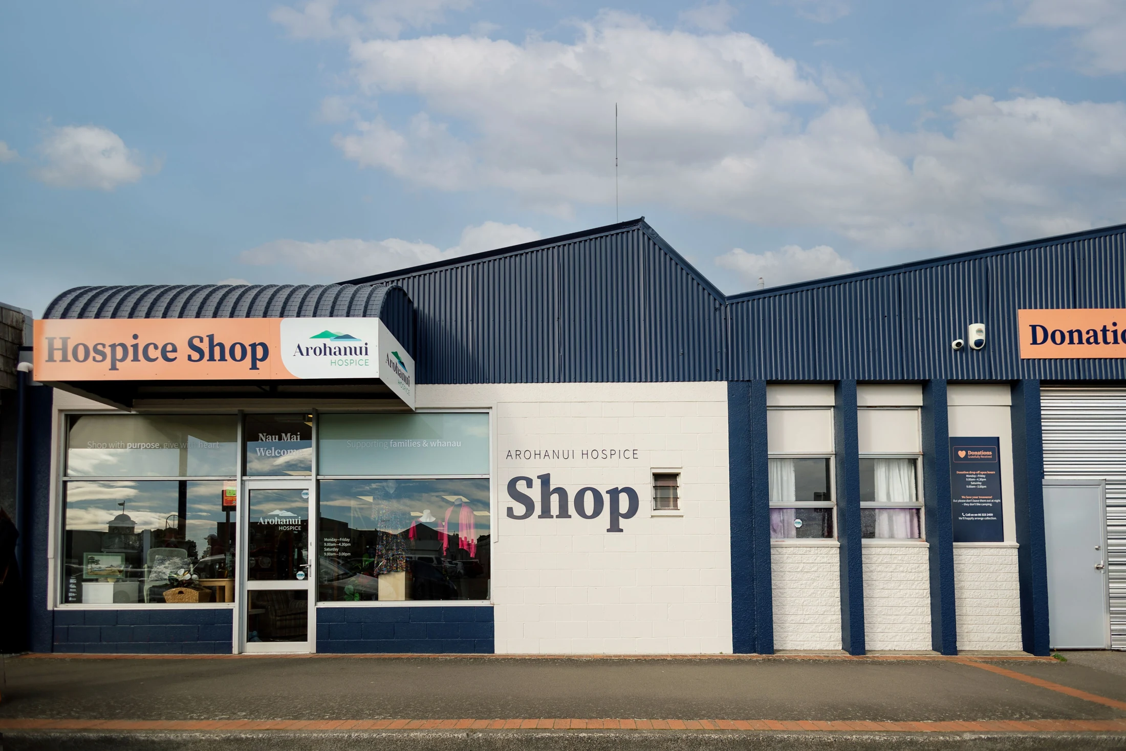 The refreshed Feilding Arohanui Hospice Shop with its navy and cream exterior